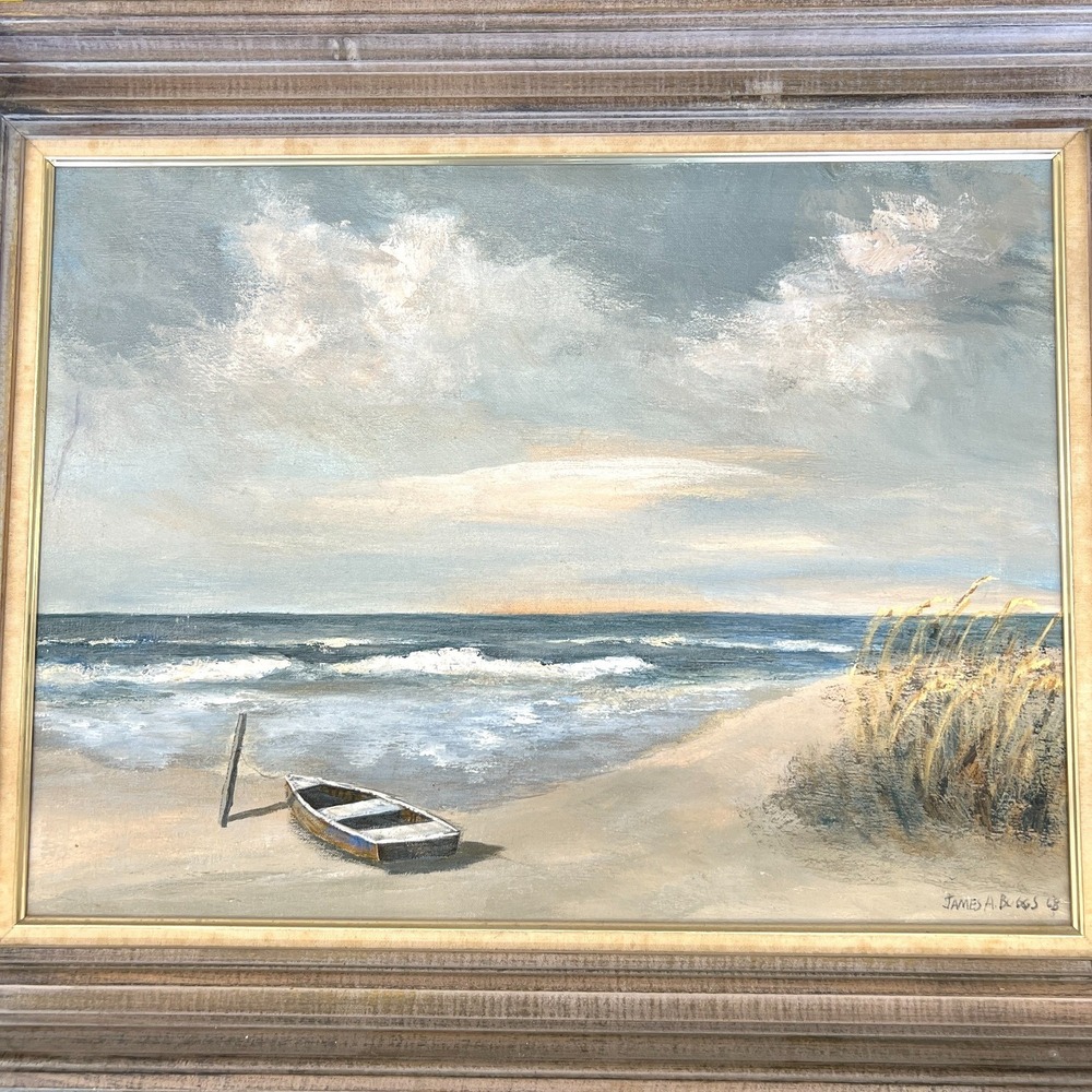 Seascape Painting 1968 James A. Boggs MCM Acrylic on Canvas Boat Beach Ocean
